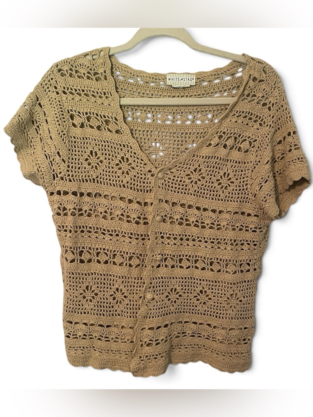 White Stag Crochet Short-Sleeve Button-Up Top in Tan